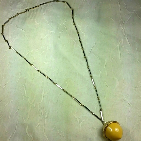 Vintage 80s Long Acorn Pendant Necklace Ceramic Porcelain Gold Estate Statement - Picture 3 of 3